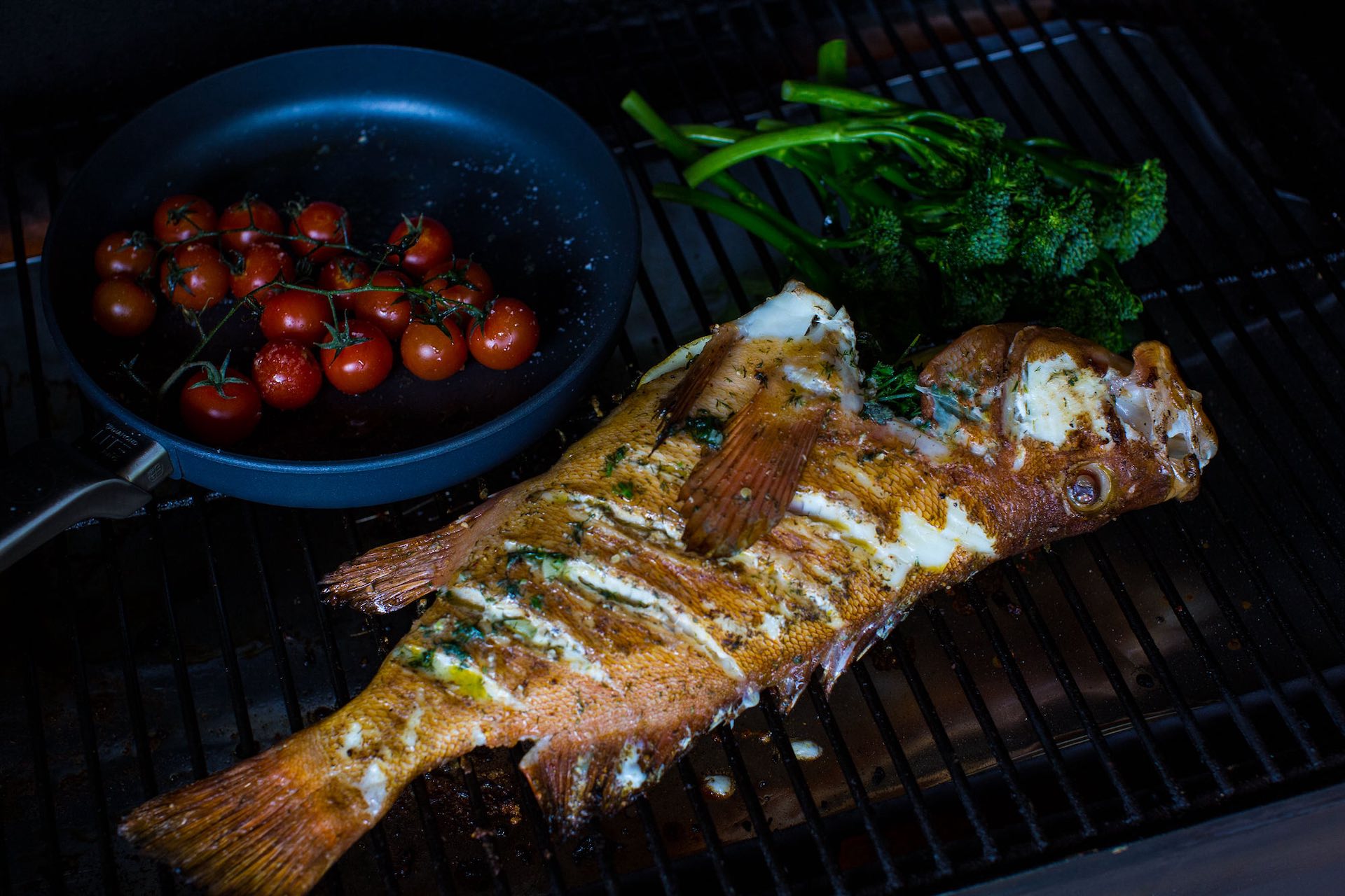 Whole Fish With Cherry Tomatoes, Broccolini, and Tartar Sauce We Are
